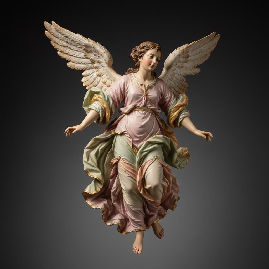 Flying Angel Figurine Hand Painted Polychrome Baroque Collectible Sculpture 3D Printed Catholic Devotional Decor Custom Sizes Made to Order