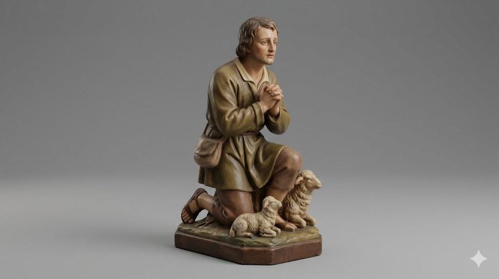 Kneeling Adoring Shepherd Statue Lamb Base Catholic Figurine 3D Printed Hand Painted Devotional Sculpture Made to Order