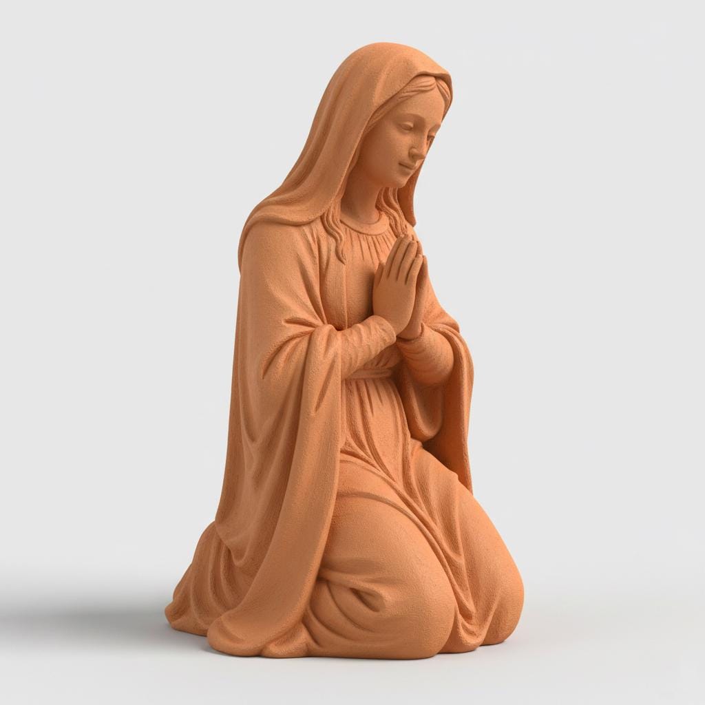 Virgin Mary Kneeling Nativity Figurine Terracotta Style Sculpture 3D Printed Religious Decor Christmas Collectible Custom Sizes