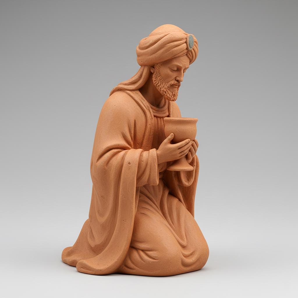Wise Man Kneeling Chalice Nativity Figurine Terracotta Style Sculpture 3D Printed Christmas Decor Magi Collectible Custom Sizes