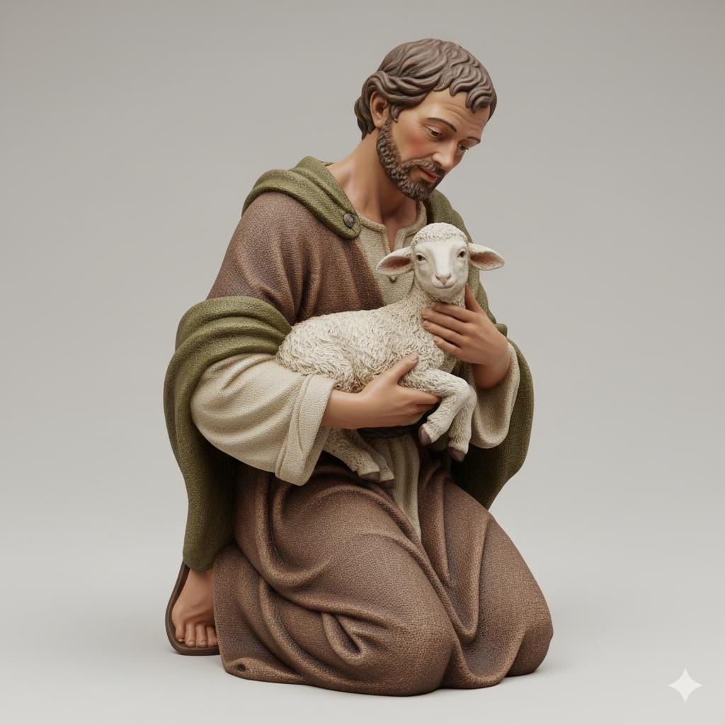 Shepherd Kneeling with Lamb Hyper Realistic Nativity Figurine Hand Painted 3D Printed Christmas Decor Collectible Sculpture