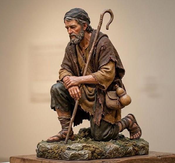 Kneeling Adoring Shepherd Statue Staff and Lamb Catholic Figurine 3D Printed Hand Painted Devotional Sculpture Made to Order