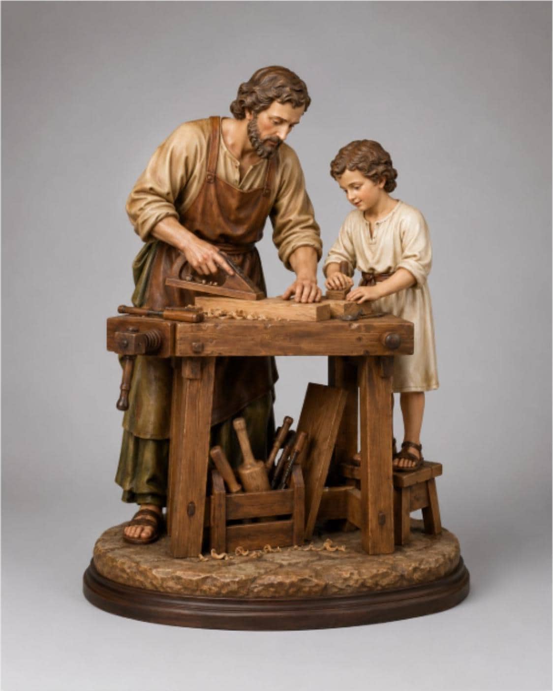 Saint Joseph Workshop with Young Jesus Statue Set 3D Printed Hand Painted Catholic Carpenter Sculpture Religious Decor Made to Order