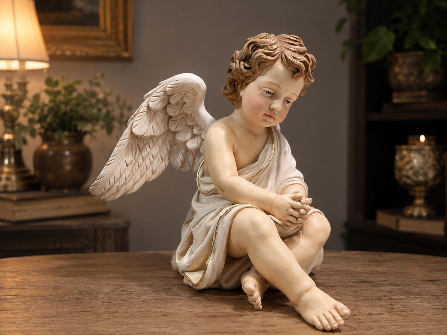 Classical Seated Cherub Angel Figurine Polychrome Religious Sculpture Devotional Decor Collector Display Sacred Art Child Angel Statue