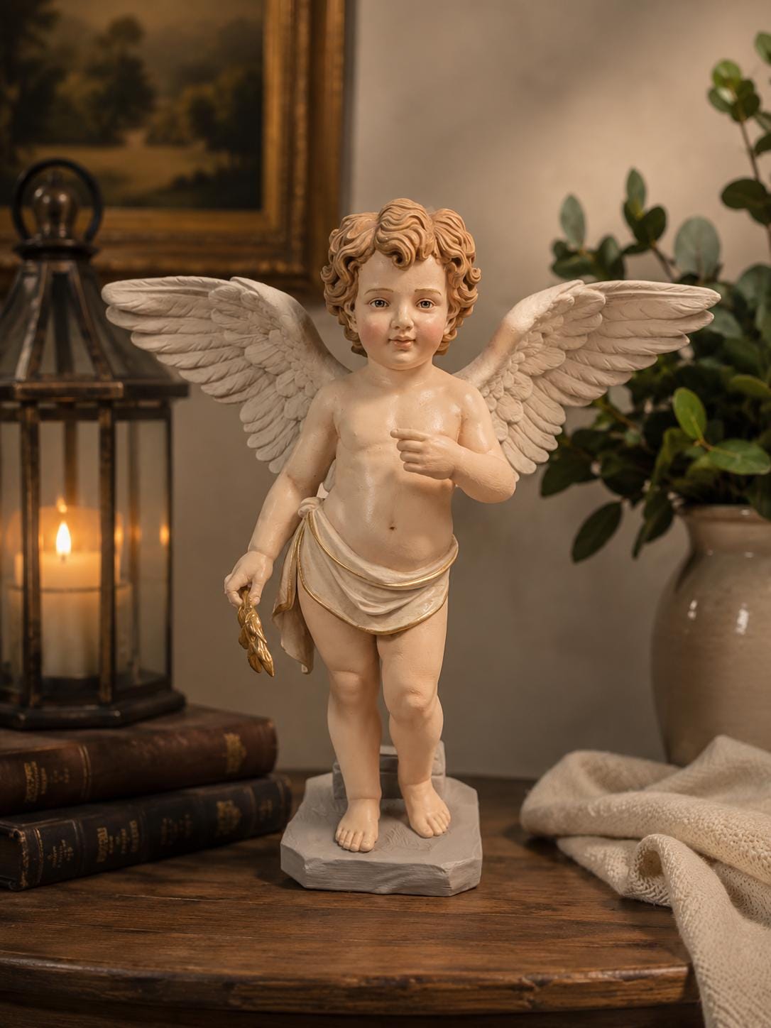 Polychrome Cherub Angel Figurine Standing Winged Sculpture Decorative Religious Putti Collector Display Statue Classic Sacred Decor
