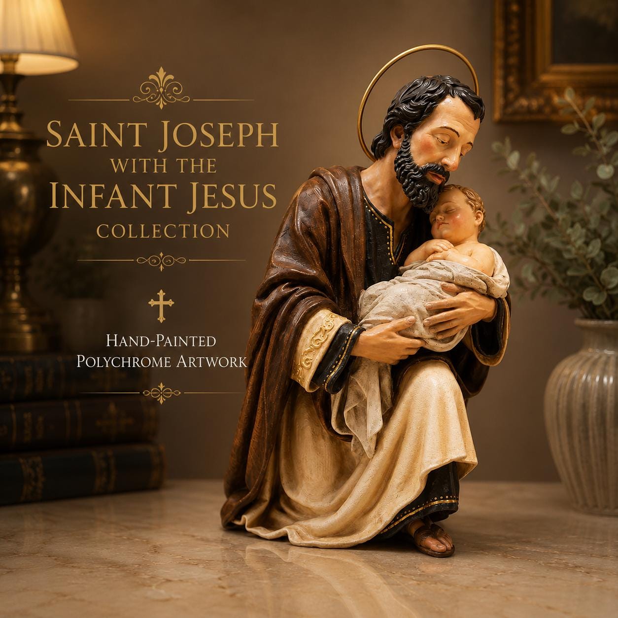 Polychrome Religious Figurine Saint Joseph Holding Child Jesus Devotional Sculpture Christian Collector Display Nativity Figure Decor