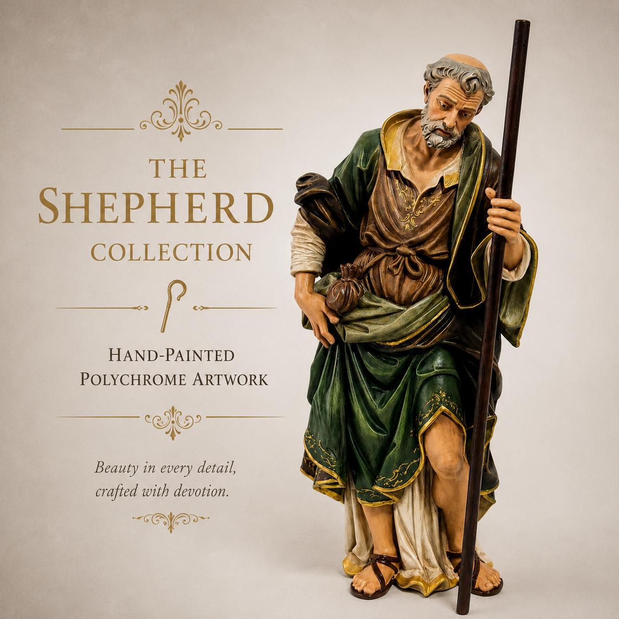 Italian Baroque Standing Shepherd Nativity Figurine with Staff Classical Religious Sculpture Christmas Display Collector Decor