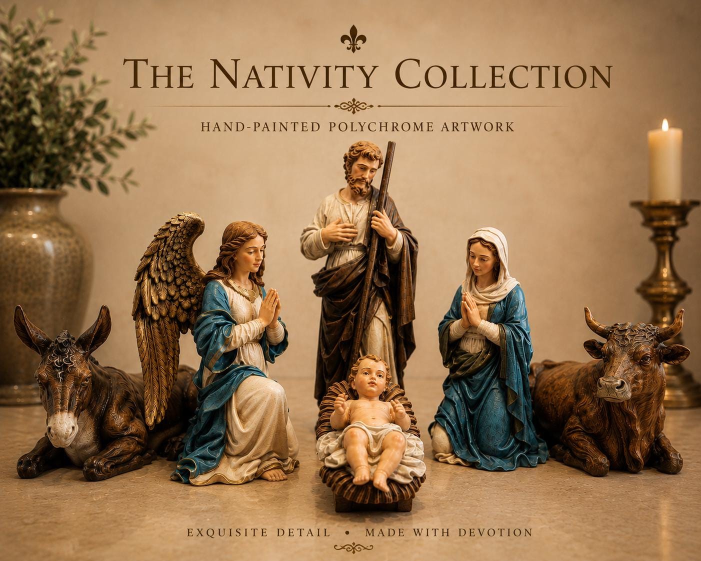 Italian Baroque Nativity Holy Family Set with Kneeling Angel Donkey and Ox Devotional Christmas Figurine Collection Religious Decor