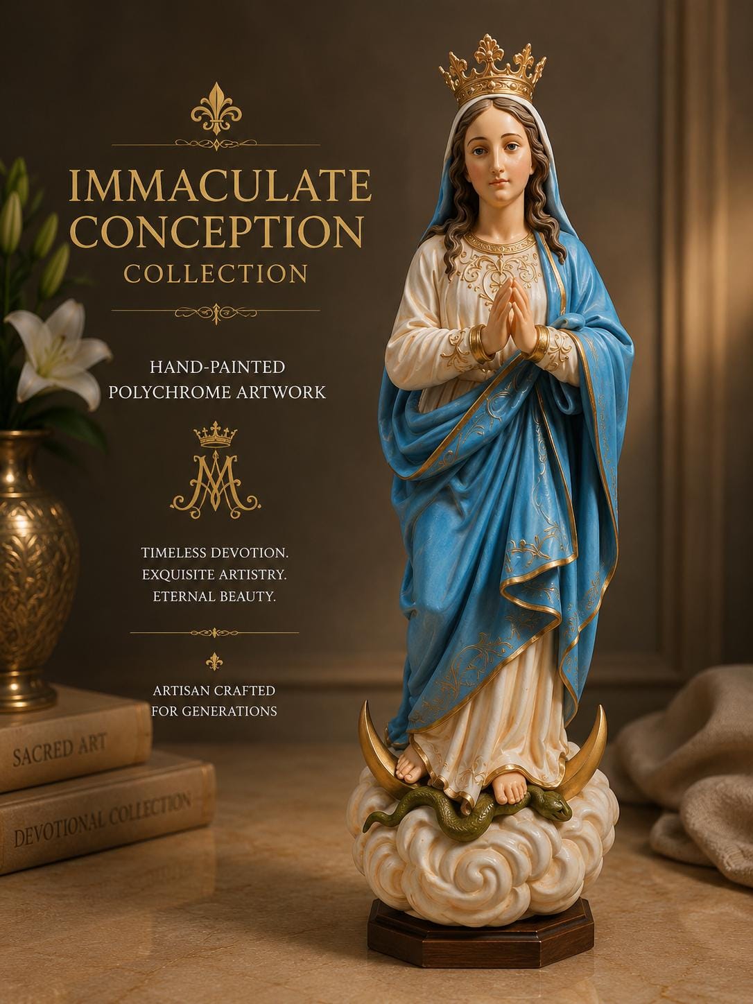 Classical Immaculate Conception Virgin Mary Figurine Polychrome Devotional Sculpture Crescent Moon Cloud Religious Collector Statue Decor