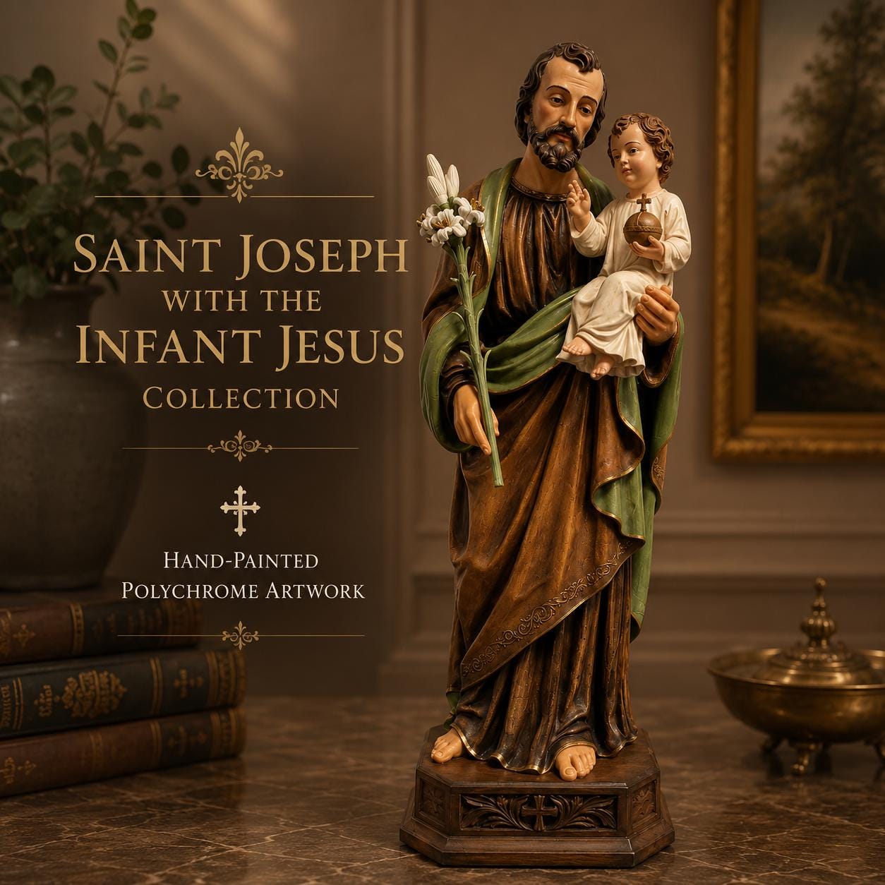 Saint Joseph with Child Jesus Religious Figurine Polychrome Catholic Sculpture Lily Staff Devotional Statue Hand Painted Collector Decor