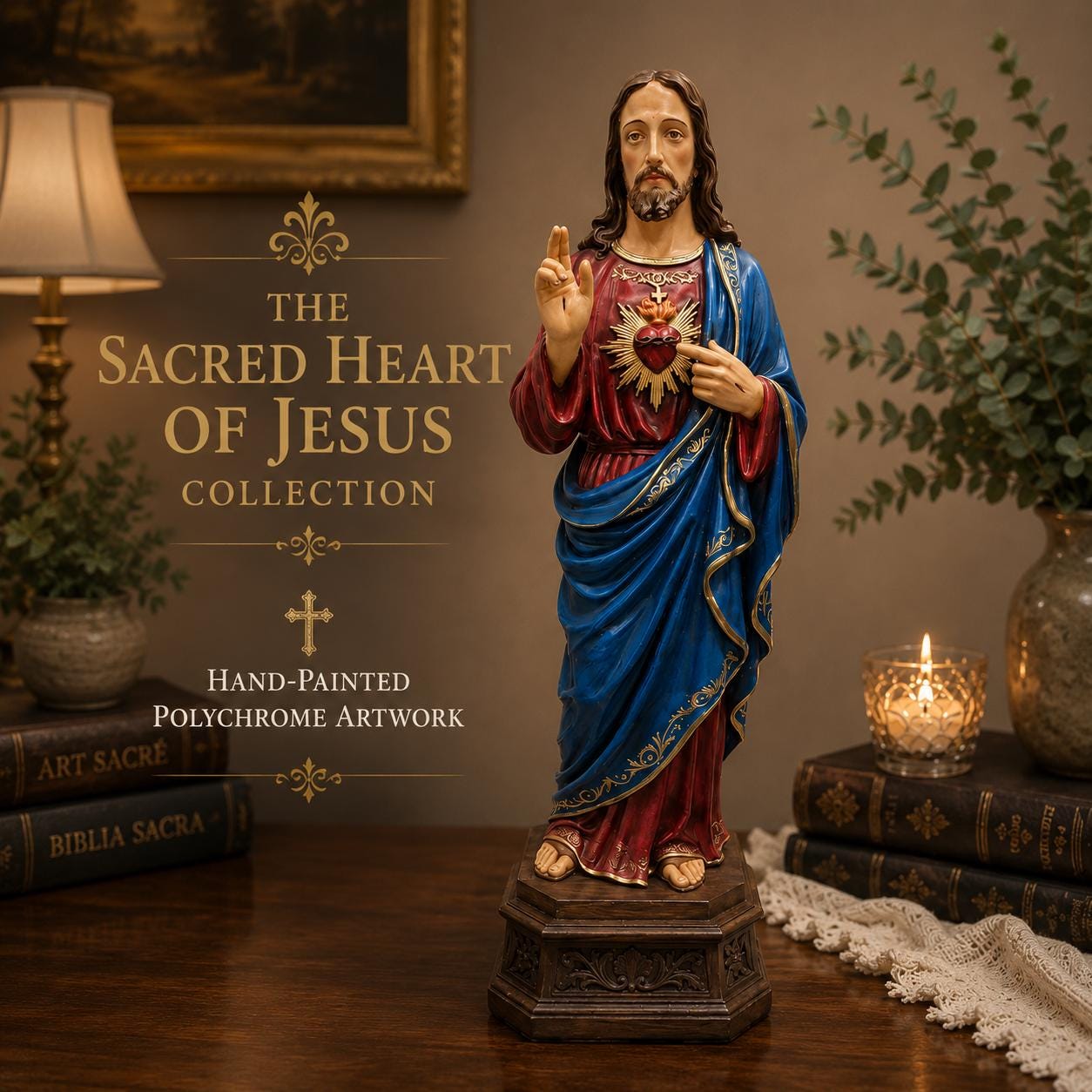 Hand-Painted Sacred Heart of Jesus Statue - Italian Baroque Catholic Devotional Sculpture, 10-16 Inch
