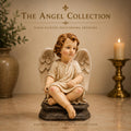 Classical Cherub Angel Figurine Polychrome Devotional Sculpture Seated Winged Child Religious Collector Statue Decorative Display Piece